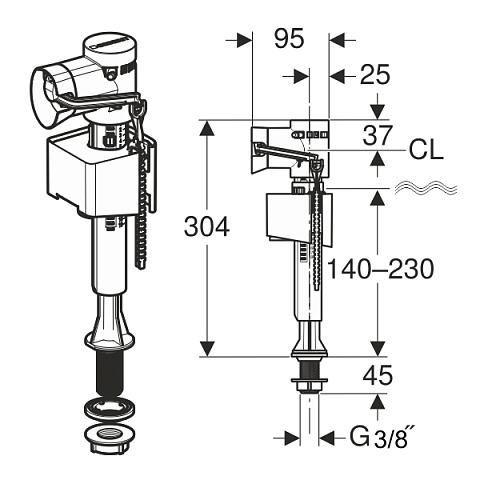Впускний клапан Geberit Geberit Impuls Basic 340, підведення води знизу, 3/8'', ніпель з пластику (136.725.00.1) - фото