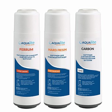 Набір картриджів Aqualite TRIO Fe для проточного фільтру (очищення від хлору, органіки, заліза та пом'якшення) - фото
