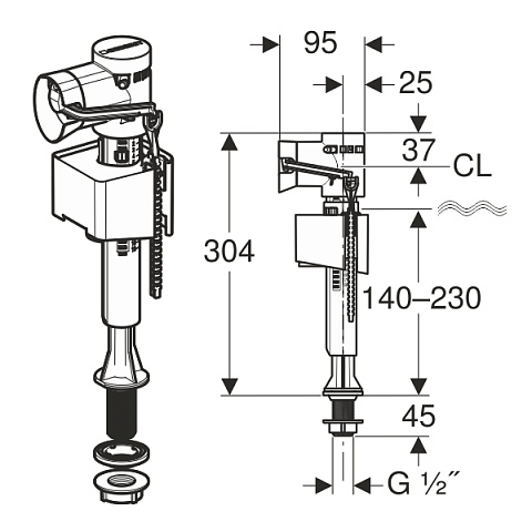 Впускной клапан Geberit Geberit Impuls Basic 340, подвод воды снизу, 1/2'', ниппель из пластика (136.726.00.1) - фото