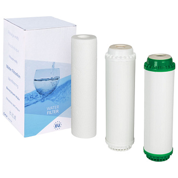 Набор картриджей для проточного фильтра Aquafilter FP3-K1-CRT Ø70x250мм 45°C (механическая очистка, умягчение  удаление железа) - фото