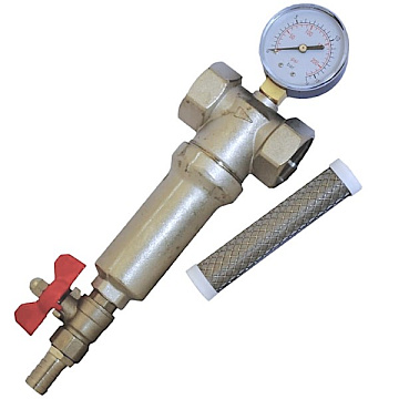 Промывной фильтр для воды Aquafilter FHMB1 G1'' (латунь) 93°C 16bar с картриджем 100mcr и манометром - фото