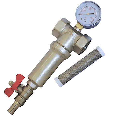 Промывной фильтр для воды Aquafilter FHMB1 G1'' (латунь) 93°C 16bar с картриджем 100mcr и манометром - фото