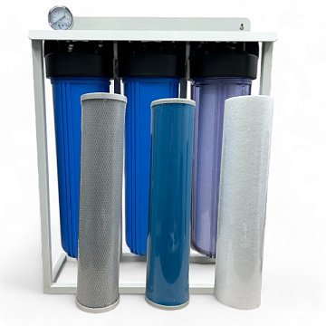 Магистральный фильтр на станине Aqualite TRIO 20BB G1'' (латунь) 45°C 8bar (с картриджами) - фото