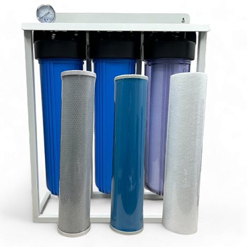 Магістральний фільтр на станині Aqualite TRIO 20BB G1'' (латунь) 45°C 8bar (з картриджами) - фото