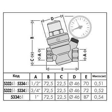 Редуктор зниження тиску Caleffi 533441H 1/2'' DN15 16бар 80°C зі з'єднанням для манометра - фото
