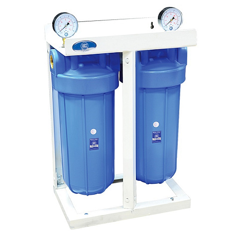 Магістральний фільтр на станині Aquafilter HHBB10A G1'' (латунь) 10BB 45°C 8bar з манометром (без картриджа) - фото