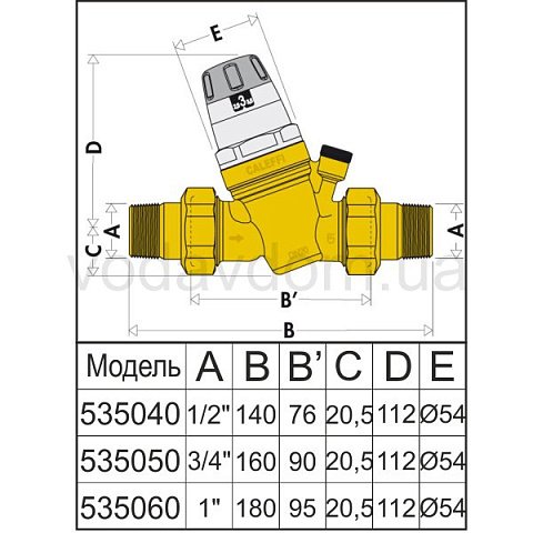 Редуктор зниження тиску Caleffi 535060 DN25 1'' 25бар 40°C зі з'єднанням для манометра - фото