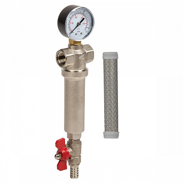 Промывной фильтр для воды Aquafilter FHMB34 G3/4'' (латунь) 93°C 16bar с картриджем 100mcr и манометром - фото