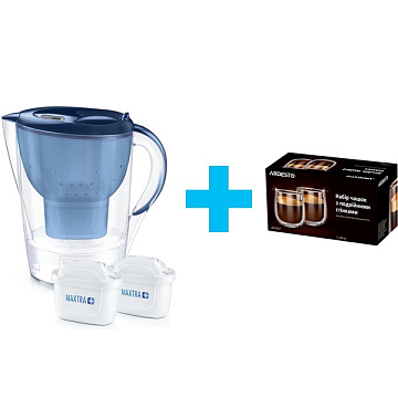 Фильтр-кувшин Brita Marella XL Memo Синий 3,5/2,0л (кувшин + 2 картриджа) + набор чашек Ardesto - фото