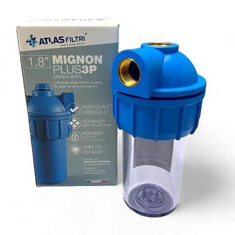 Корпус фільтра кутовий Atlas Filtri MIGNON PLUS S3P (прозора) Ø1/2" (латунь) 5'' 45°C 8bar (без картриджа) - фото