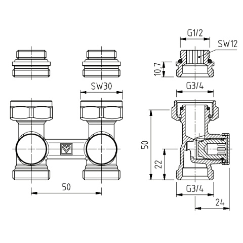 Вузол нижнього підключення HERZ 3000-RL-1 прямий 3/4 '' (1376621) - фото