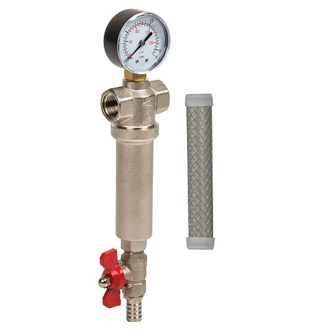 Промывной фильтр для воды Aquafilter FHMB1 G1'' (латунь) 93°C 16bar с картриджем 100mcr и манометром - фото