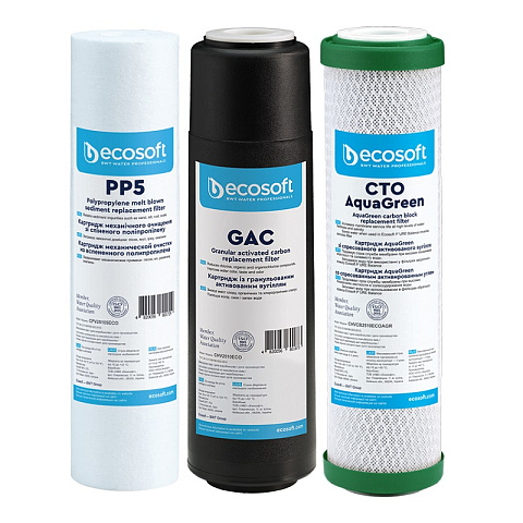 Покращений комплект картриджів Ecosoft 1-2-3 для фільтрів зворотного осмосу з функцією економії води (CHV3ECOAGR) - фото