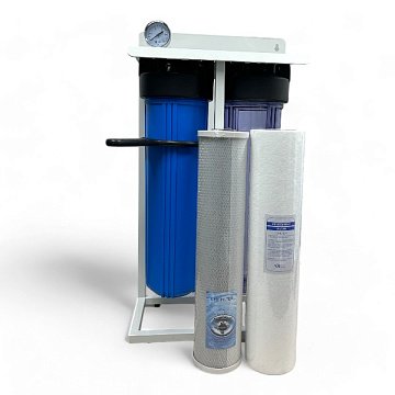 Магістральний фільтр на станині Aqualite TWIN 20BB G1'' (латунь) 45°C 8bar (з картриджами) - фото