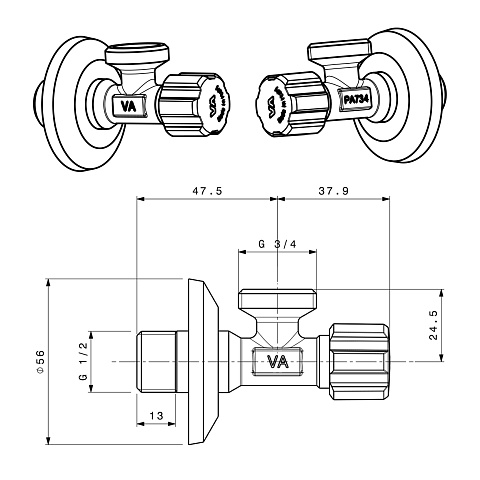 Кран вентильный Albertoni 1/2''х3/4'' с металличеcкой ручкой D914689 - фото