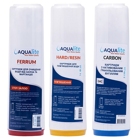 Набір картриджів Aqualite TRIO Fe для проточного фільтру (очищення від хлору, органіки, заліза та пом'якшення) - фото