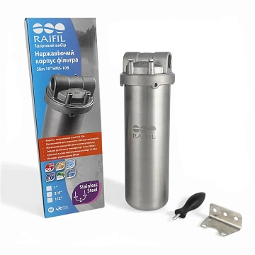 Корпус фільтра Slim 10'' HMS-10B 3/4'' з нержавіючої сталі (комплект: ключ, кронштейн, саморізи) - фото