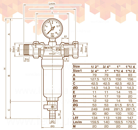 Промывной фильтр Tiemme 3130SM Ø1/2'' 100мкм 95°C 16bar (очистка от механических примесей) - фото